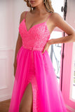 Spaghetti Straps Fuchsia Detachable Train Prom Dress with Split Front