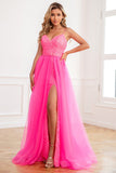 Spaghetti Straps Fuchsia Detachable Train Prom Dress with Split Front