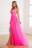 Spaghetti Straps Fuchsia Detachable Train Prom Dress with Split Front