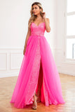 Spaghetti Straps Fuchsia Detachable Train Prom Dress with Split Front