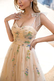 A Line Spaghetti Straps Champagne Prom Dress with Embroidery