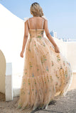 A Line Spaghetti Straps Champagne Prom Dress with Embroidery