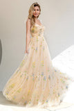 A Line Spaghetti Straps Champagne Prom Dress with Embroidery