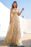 A Line Spaghetti Straps Champagne Prom Dress with Embroidery