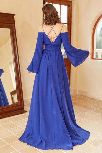 A Line Off the Shoulder Royal Blue Prom Dress with Split Front
