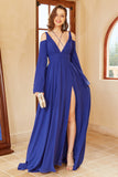 A Line Off the Shoulder Royal Blue Prom Dress with Split Front