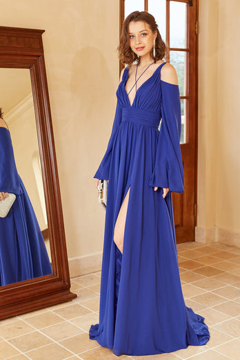 A Line Off the Shoulder Royal Blue Prom Dress with Split Front