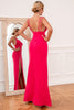 Load image into Gallery viewer, Sheath Spaghetti Straps Fuchsia Long Prom Dress with Split Front