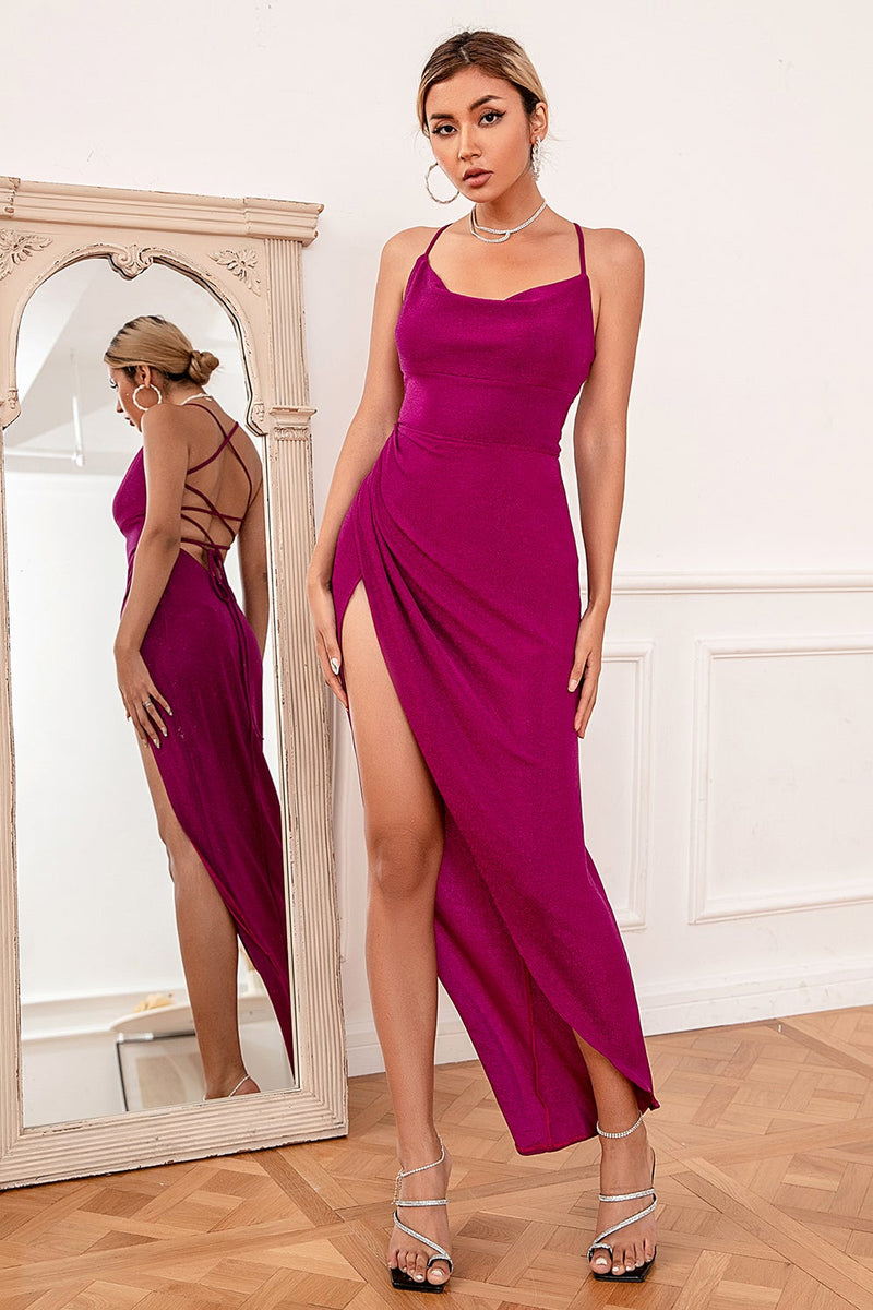 Load image into Gallery viewer, Sheath Halter Fuchsia Party Dress with Cris Cross Back