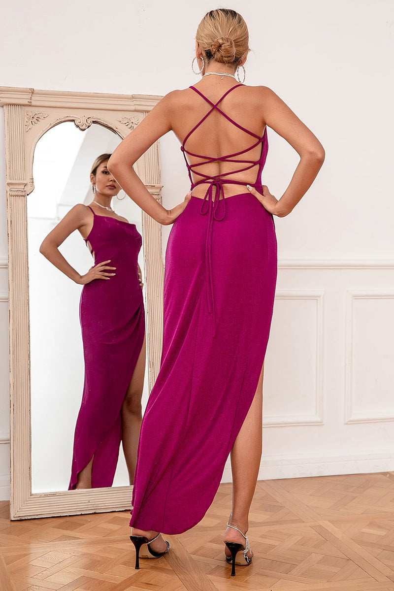 Load image into Gallery viewer, Sheath Halter Fuchsia Party Dress with Cris Cross Back