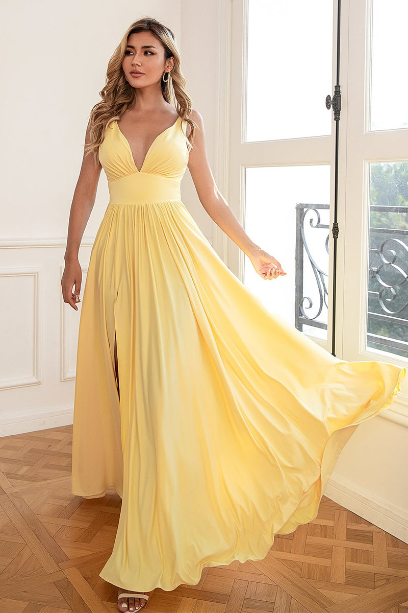 Load image into Gallery viewer, Classic A Line V Neck Yellow Long Prom Dress with Split Front