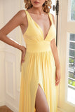 Classic A Line V Neck Yellow Long Prom Dress with Split Front