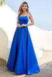 Royal Blue Backless Satin Prom Dress