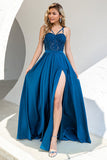 Blue Spaghetti Straps Prom Dress with Lace