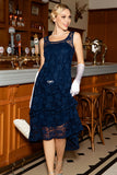 High Low Round Neck Navy Lace Dress