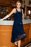 High Low Round Neck Navy Lace Dress