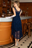 High Low Round Neck Navy Lace Dress