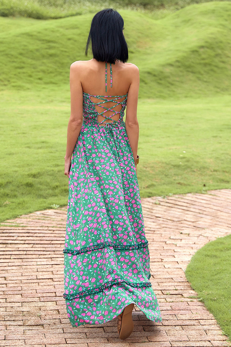 Load image into Gallery viewer, Flower Green Halter Maxi Boho Dress