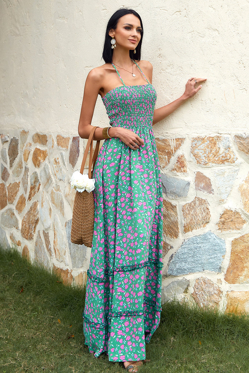 Load image into Gallery viewer, Flower Green Halter Maxi Boho Dress