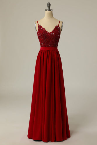 Burgundy Long Prom Dress with Beading Lace