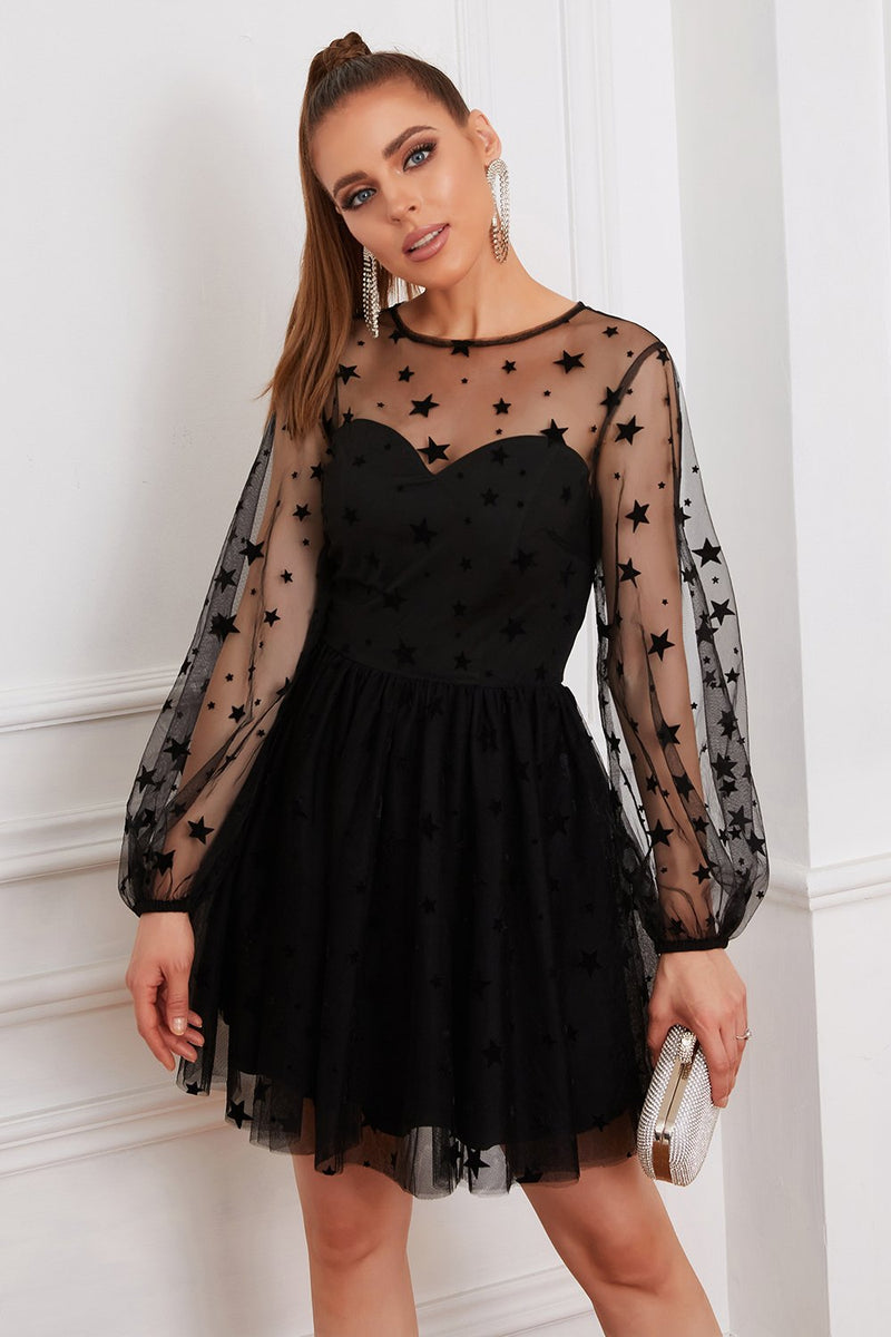 Load image into Gallery viewer, Long Sleeves Tulle Little Black Dress