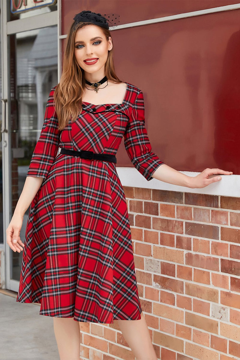 Load image into Gallery viewer, Plaid Red Vintage Dress with Sleeves