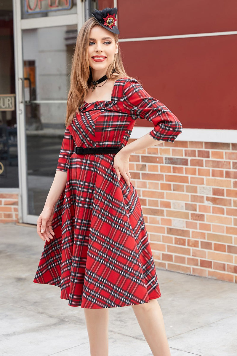 Load image into Gallery viewer, Plaid Red Vintage Dress with Sleeves