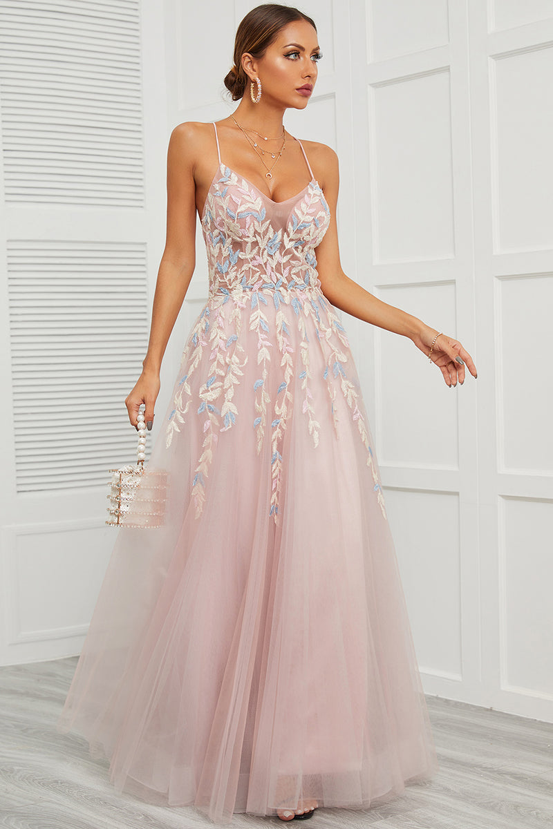 Load image into Gallery viewer, Spaghetti Straps Pink Tulle Prom Dress