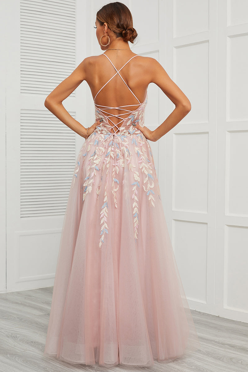 Load image into Gallery viewer, Spaghetti Straps Pink Tulle Prom Dress
