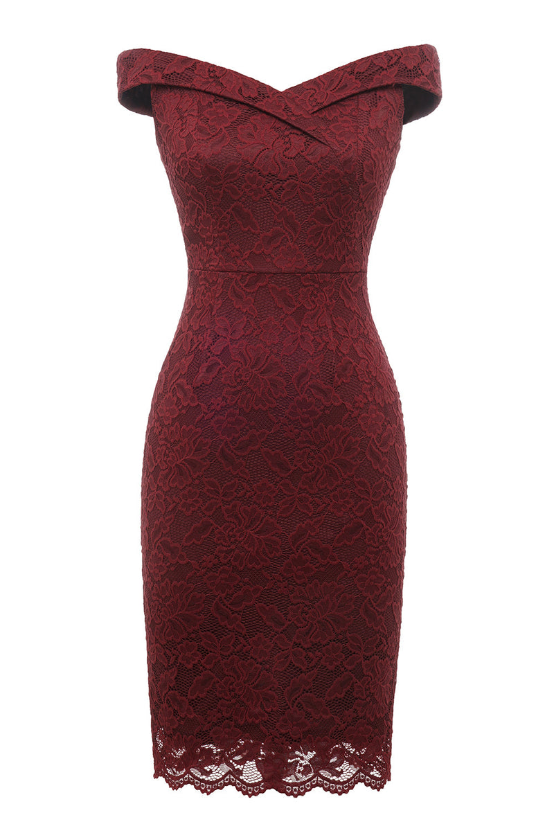 Load image into Gallery viewer, Sheath Off the Shoulder Burgundy Lace Dress