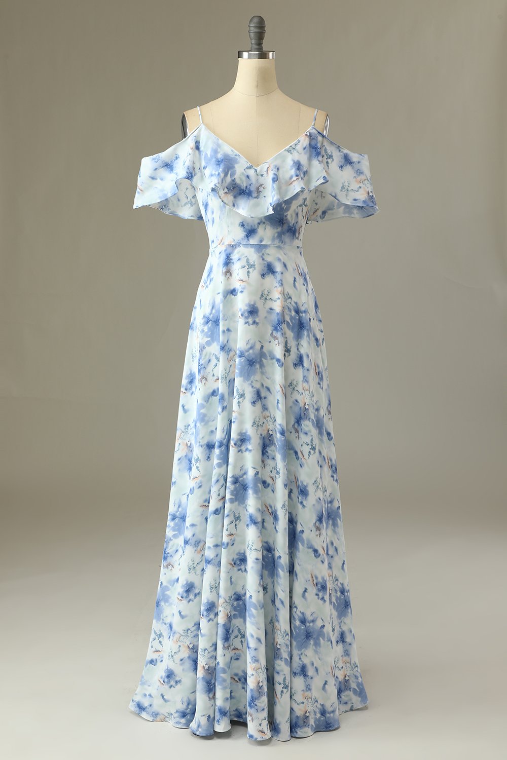 A Line Off the Shoulder Blue Floral Print Long Bridesmaid Dress