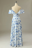 A Line Off the Shoulder Blue Floral Print Long Bridesmaid Dress