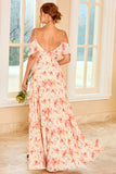 Print Blush Bridesmaid Dress with Ruffle