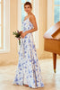 Load image into Gallery viewer, Spaghetti Straps Blue Floral Print Bridesmaid Dress