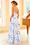 Spaghetti Straps Blue Floral Print Bridesmaid Dress