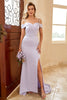 Load image into Gallery viewer, Sheath Off the Shoulder Lilac Long Bridesmaid Dress with Split Front