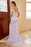 Sheath Off the Shoulder Lilac Long Bridesmaid Dress with Split Front