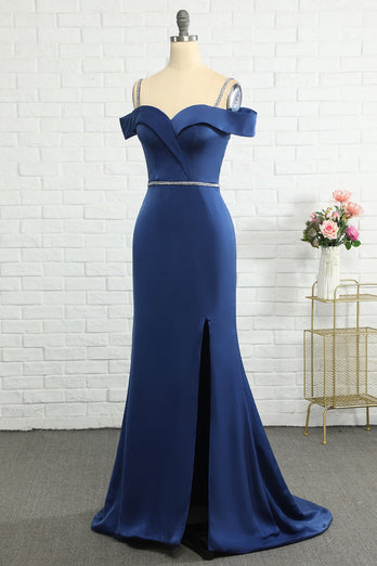Mermaid Off the Shoulder Navy Bridesmaid Dress with Beading