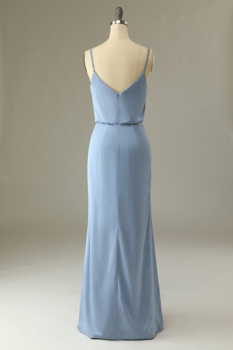Load image into Gallery viewer, Spaghetti Straps Grey Blue Long Bridesmaid Dress