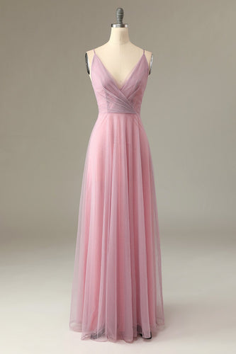 A Line Spaghetti Straps Grey Pink Bridesmaid Dress