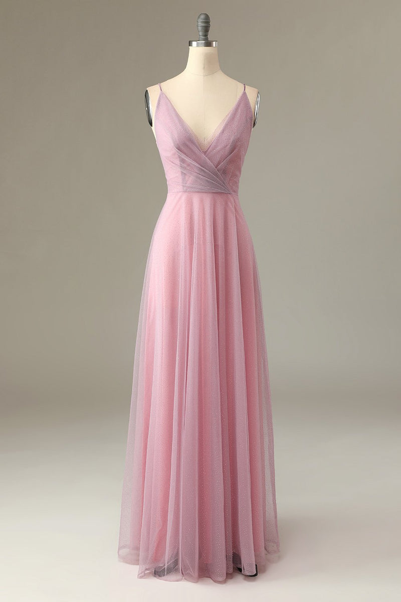 Load image into Gallery viewer, A Line Spaghetti Straps Grey Pink Bridesmaid Dress