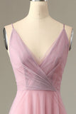 A Line Spaghetti Straps Grey Pink Bridesmaid Dress