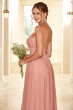 A Line Spaghetti Straps Bridesmaid Dress with Ruffles