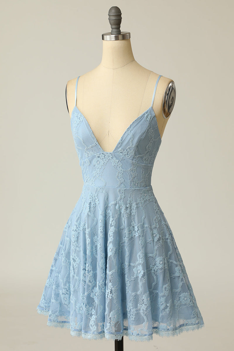 Load image into Gallery viewer, Spaghetti Straps Lace Blue Graduation Dress