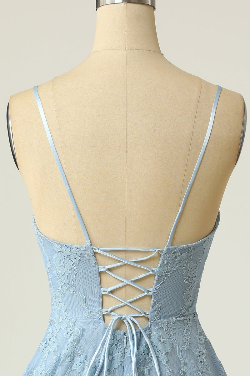 Load image into Gallery viewer, Spaghetti Straps Lace Blue Graduation Dress