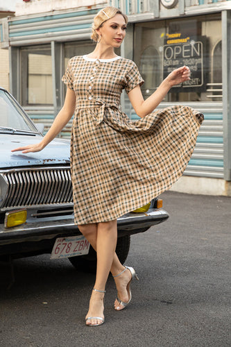Khaki Green Grid Short Sleeves Vintage 1950s Dress