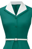 Lapel Neck Green Swing 1950s Dress with Belt