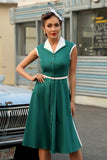 Green Lapel Neck 1950s Swing Dress with Belt