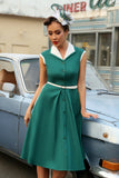 Green Lapel Neck 1950s Swing Dress with Belt