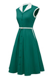 Lapel Neck Green Swing 1950s Dress with Belt